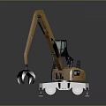 Yellow Excavator With Long Hydraulic Arm And Grapple For Industrial Applications
