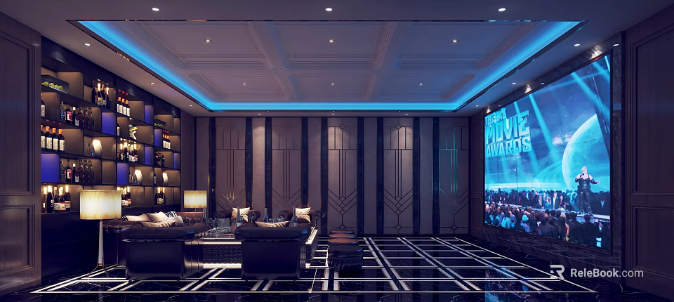 Luxurious KTV Room Interior With Blue Lighting Comfortable Sofa And Large Screen 3d model