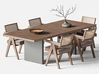 Quiet Table and Chair Combination Outdoor Table and Chair Rattan Dining Chair 3d model