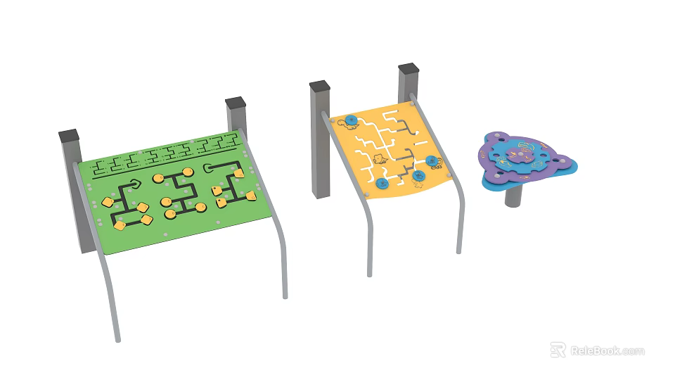Colorful Interactive Playground Equipment With Multiple Patterned Panels And Stands 3d model