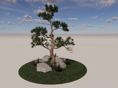 Tall Arbor with Green Grass and Stones Under Blue Sky and White Clouds 3d model