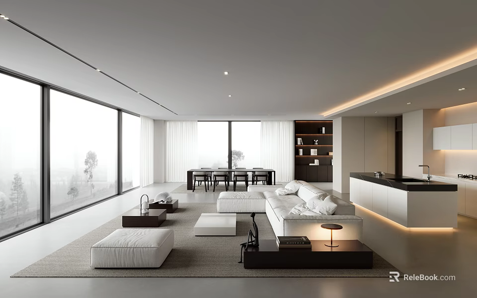 Modern Open Concept Living Dining Room With Large Windows Sofa Coffee Table And Dining Set 3d model 