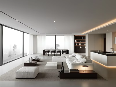Modern Open Concept Living Dining Room With Large Windows Sofa Coffee Table And Dining Set 3d model