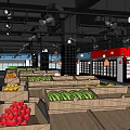 Modern Supermarket Interior With Open Layout Wooden Shelves Fruits Vegetables And Hanging Lights
