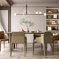 Modern Restaurant Interior With Dining Table Chairs Hanging Lights And Decorative Shelf
