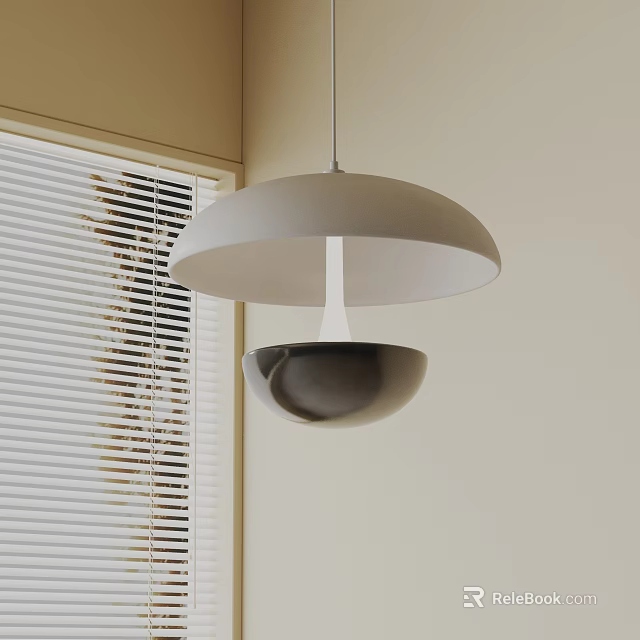 Stylish Modern Pendant Light With Light Shade And Metallic Bowl Near Window Blinds Room Corner 3d model 