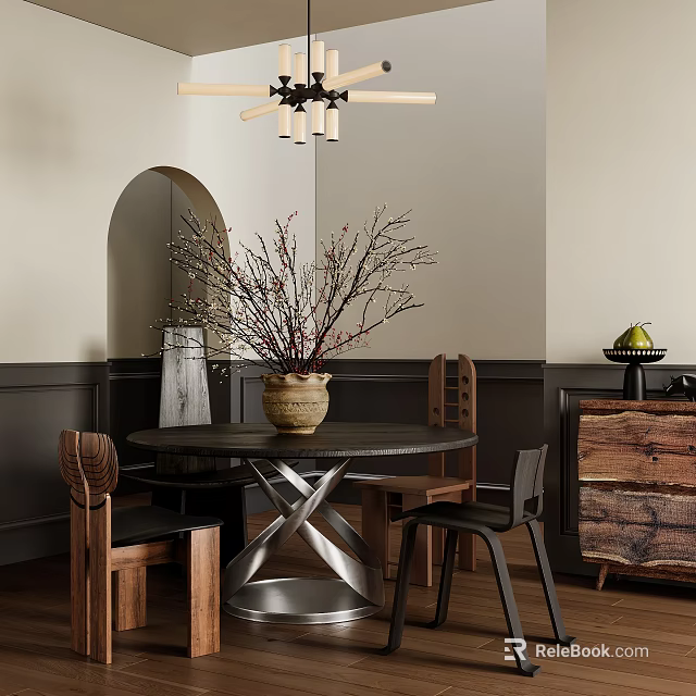 Modern Dining Table Set With Round Table Wooden Metal Chairs Decorative Branches And Chandelier 3d model 