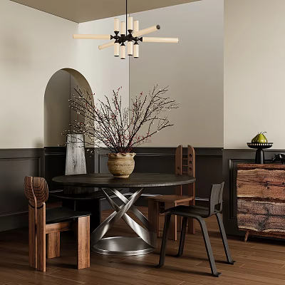Modern Dining Table Set With Round Table Wooden Metal Chairs Decorative Branches And Chandelier 3d model