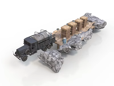 Modern Truck Transport Scene With Wooden Crates Rocks And Wooden Bridge 3d model