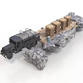 Modern Truck Transport Scene With Wooden Crates Rocks And Wooden Bridge