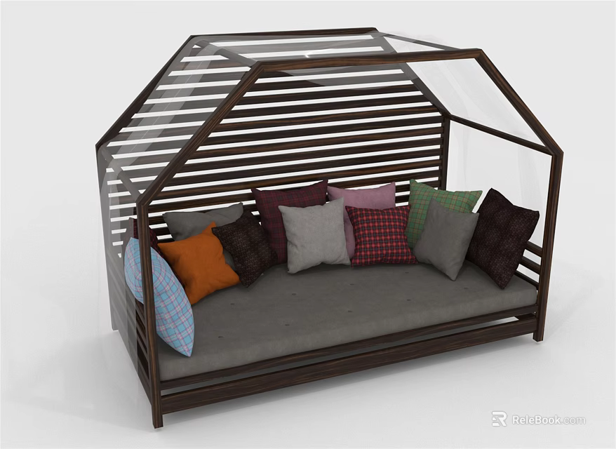 Wooden Frame Sofa With Transparent Roof Adorned With Multiple Colorful Cushions For Cozy Lounge 3d model 