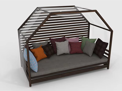 Wooden Frame Sofa With Transparent Roof Adorned With Multiple Colorful Cushions For Cozy Lounge 3d model