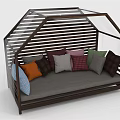 Wooden Frame Sofa With Transparent Roof Adorned With Multiple Colorful Cushions For Cozy Lounge