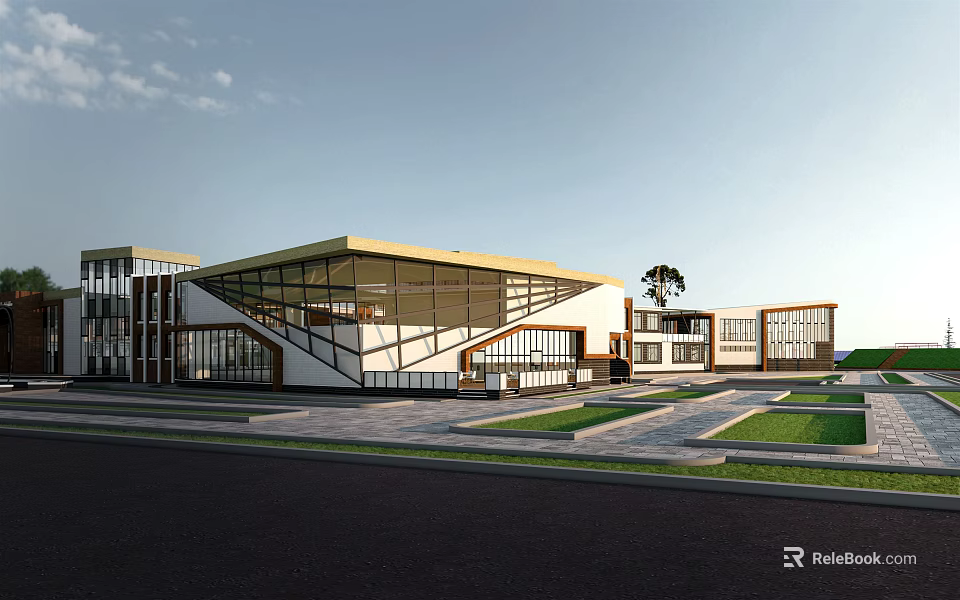 Modern Building Geometric Design With Large Glass Windows Yellow Roof And Lawn Pathway Trees 3d model 