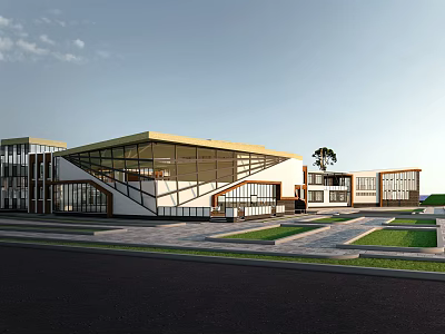 Modern Building Geometric Design With Large Glass Windows Yellow Roof And Lawn Pathway Trees 3d model