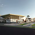 Modern Building Geometric Design With Large Glass Windows Yellow Roof And Lawn Pathway Trees