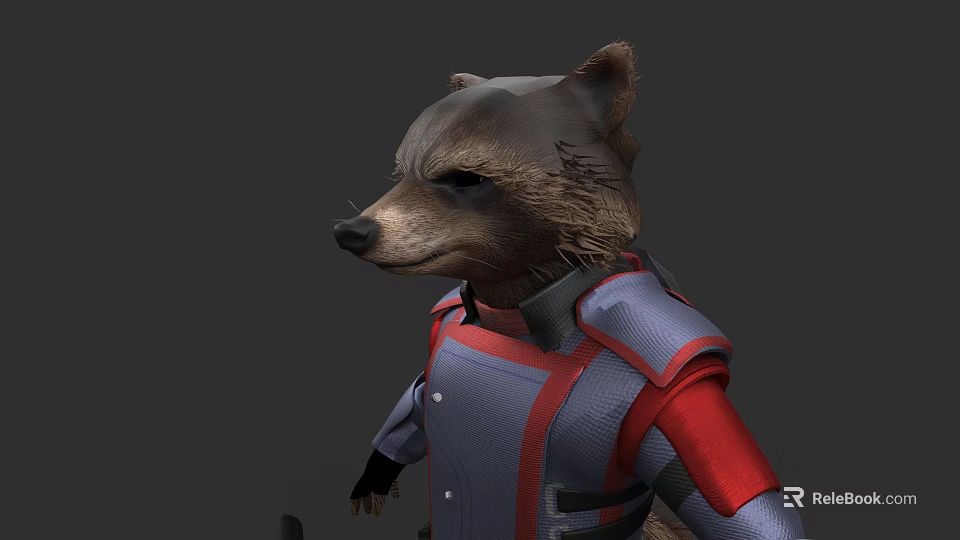 Game Movie Raccoon Character Wearing Red And Gray Armor With Detailed Fur 3d model 