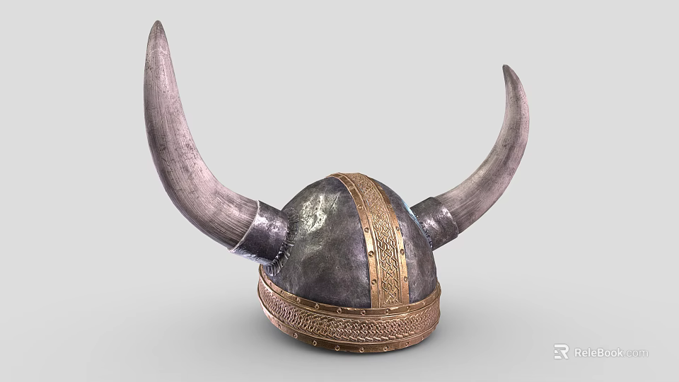Vintage Viking Warrior Helmet Featuring Large Curved Horns Metallic Finish And Ornate Golden Band 3d model 