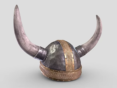 Vintage Viking Warrior Helmet Featuring Large Curved Horns Metallic Finish And Ornate Golden Band 3d model