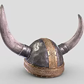 Vintage Viking Warrior Helmet Featuring Large Curved Horns Metallic Finish And Ornate Golden Band