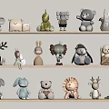 Plush Animal Toys Display On Wooden Shelves With Various Shapes And Soft Colors