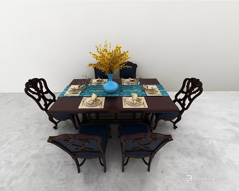 Classic Wooden Dining Table Set With Carved Chairs And Blue Vase Yellow Flowers 3d model 