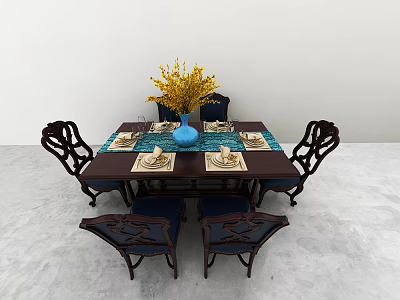 Classic Wooden Dining Table Set With Carved Chairs And Blue Vase Yellow Flowers 3d model