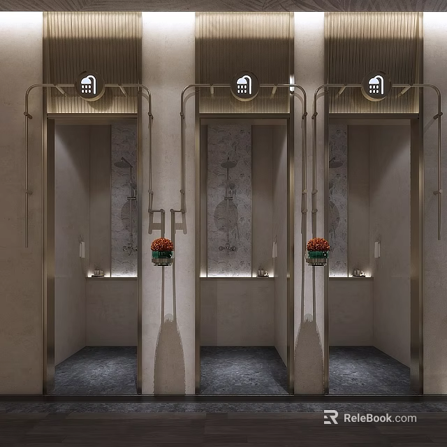 Luxurious Club Entrance Featuring Three Elevator Doors Metal Frames Decorative Art And Flower Vases 3d model 