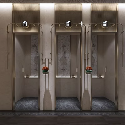 Luxurious Club Entrance Featuring Three Elevator Doors Metal Frames Decorative Art And Flower Vases 3d model