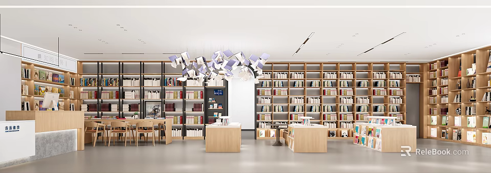 Modern Library Book Art Featuring Floating Books Ceiling Installation Wooden Tables And Bookshelves 3d model 