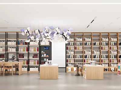 Modern Library Book Art Featuring Floating Books Ceiling Installation Wooden Tables And Bookshelves 3d model