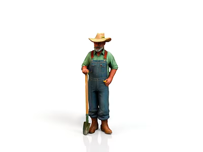 Elderly Man Wearing Straw Hat Green Shirt Blue Overalls Holding Shovel Standing 3d model