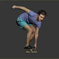 Child in Blue Shirt and Green Shorts Performing Skateboard Trick Against Gray Background