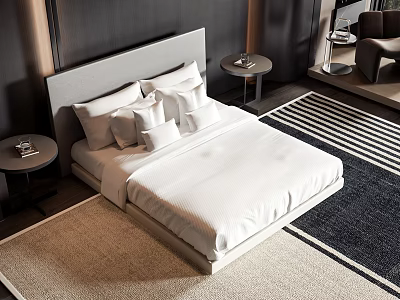 Modern Double Bed With White Bedding Two Nightstands And Area Rug 3d model