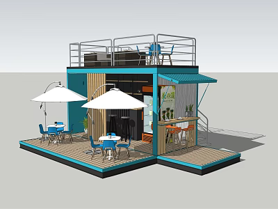 Blue Container Cafe Structure With Outdoor Seating Umbrellas Wooden Deck And Upper Terrace 3d model
