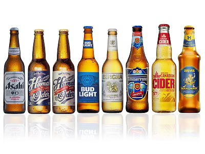 Various Beer Bottles From Different Brands Lined Up On White Reflective Background 3d model