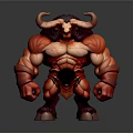3D Muscular Demon Monster Model With Red Skin Curved Horns and Armored Abdomen