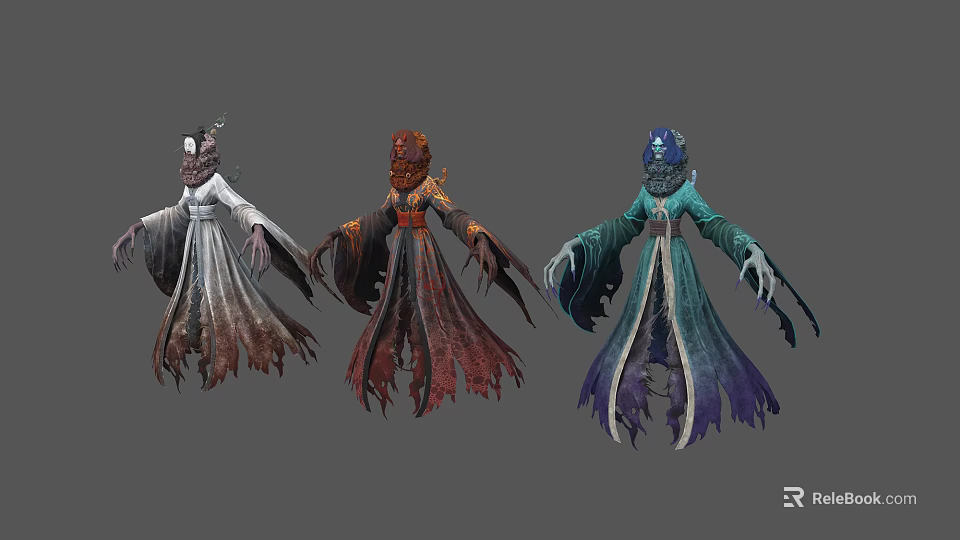 Three Mystical Fantasy Characters And Creatures In Colorful Tattered Robes 3d model