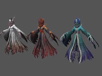 Three Mystical Fantasy Characters And Creatures In Colorful Tattered Robes 3d model