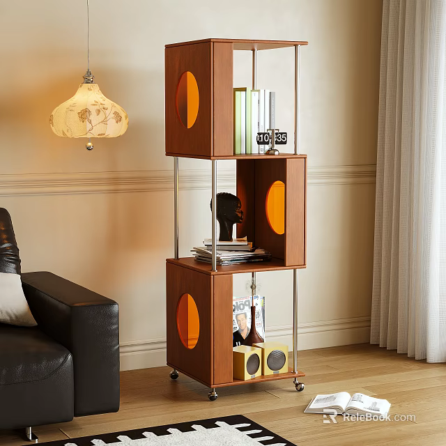 Modern Wooden Shelving Unit in Cozy Living Room with Books Sculpture Speaker and Decorative Items 3d model 