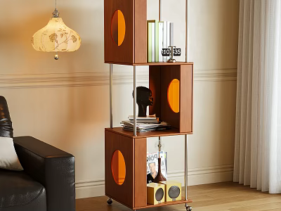 Modern Wooden Shelving Unit in Cozy Living Room with Books Sculpture Speaker and Decorative Items 3d model
