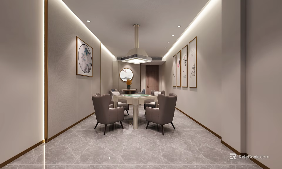 Modern Elegant Hotel Mahjong Room Interior Design With Round Table Comfortable Chairs And Wall Art 3d model 