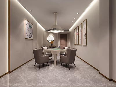 Modern Elegant Hotel Mahjong Room Interior Design With Round Table Comfortable Chairs And Wall Art 3d model