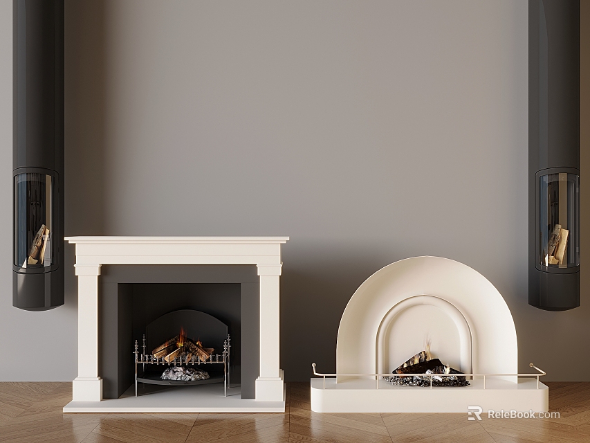 Classic And Modern Fireplace Designs With White Mantel Arch Shape Gray Wall Wooden Floor 3d model 