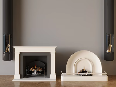 Classic And Modern Fireplace Designs With White Mantel Arch Shape Gray Wall Wooden Floor 3d model