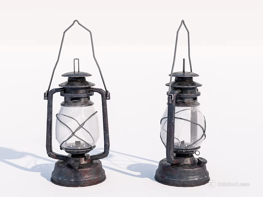 Two Vintage Candle Lanterns Featuring Metal Frame And Glass Shade Design 3d model 