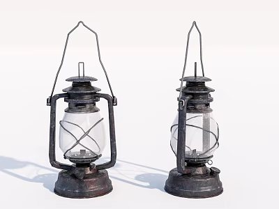 Two Vintage Candle Lanterns Featuring Metal Frame And Glass Shade Design 3d model