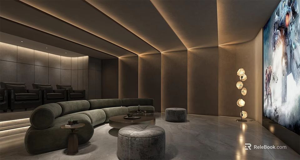 Modern Dark-toned Home Theater Interior With L-shaped Sofa Round Ottomans And Spherical Lights 3d model 