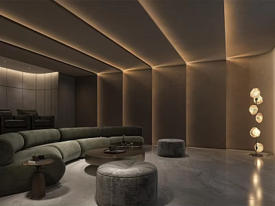 Modern Dark-toned Home Theater Interior With L-shaped Sofa Round Ottomans And Spherical Lights 3d model