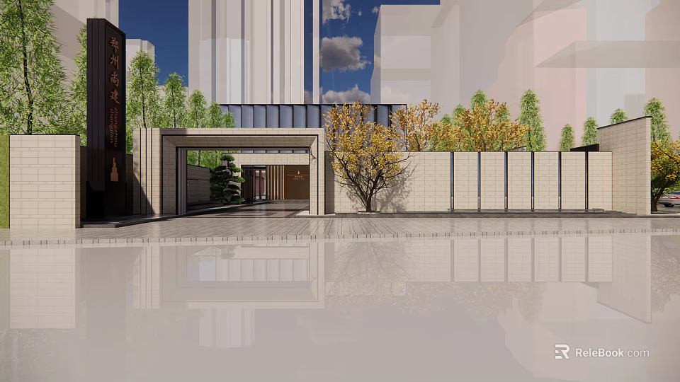 Modern Chinese Style Sales Office Building With Entrance Green Plants And Reflection 3d model 
